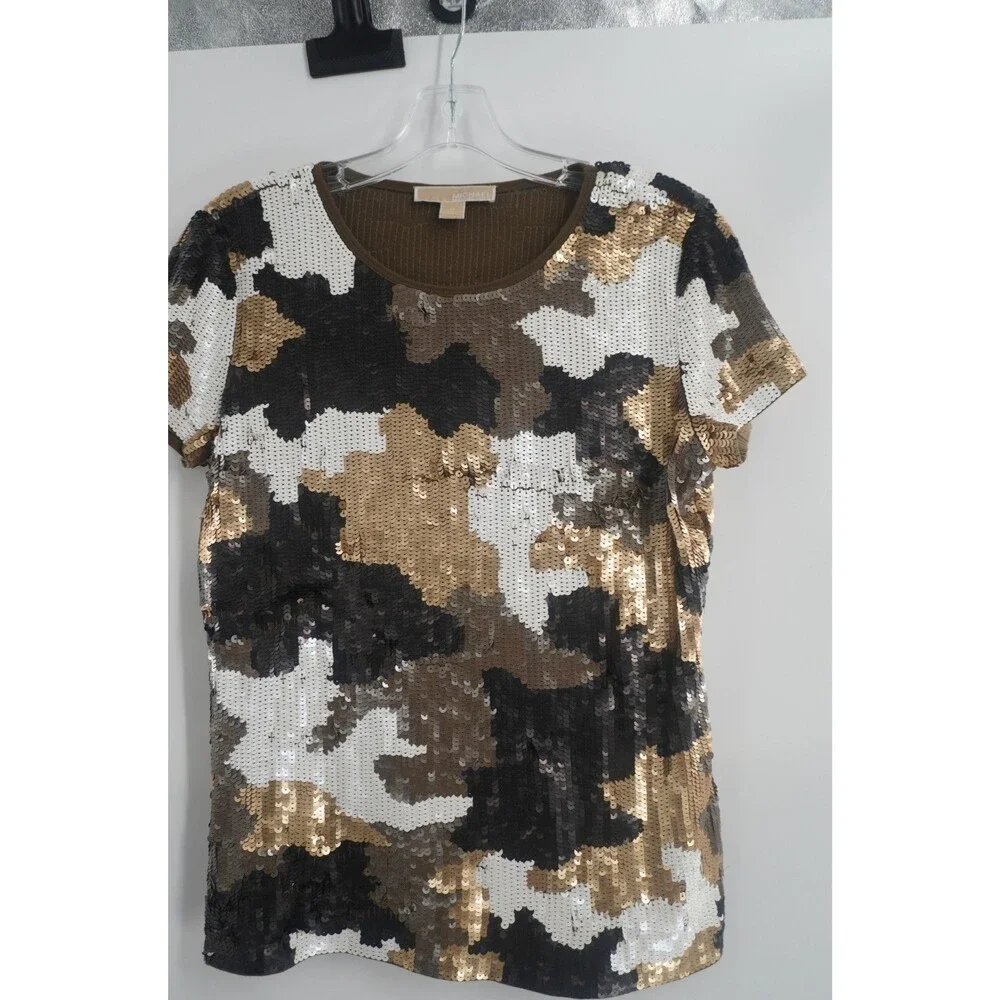 MICHAEL Michael Kors Camou Sequin Tee Gold BLK White Sparkle Glitzy Chic Top SzM